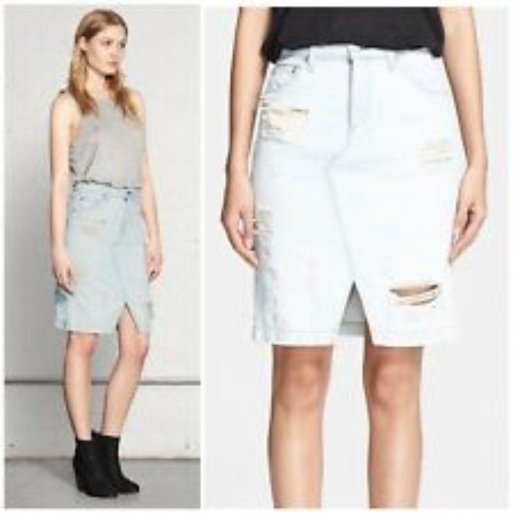 Rag & Bones Destroyed Shredded Pale Denim Skirt